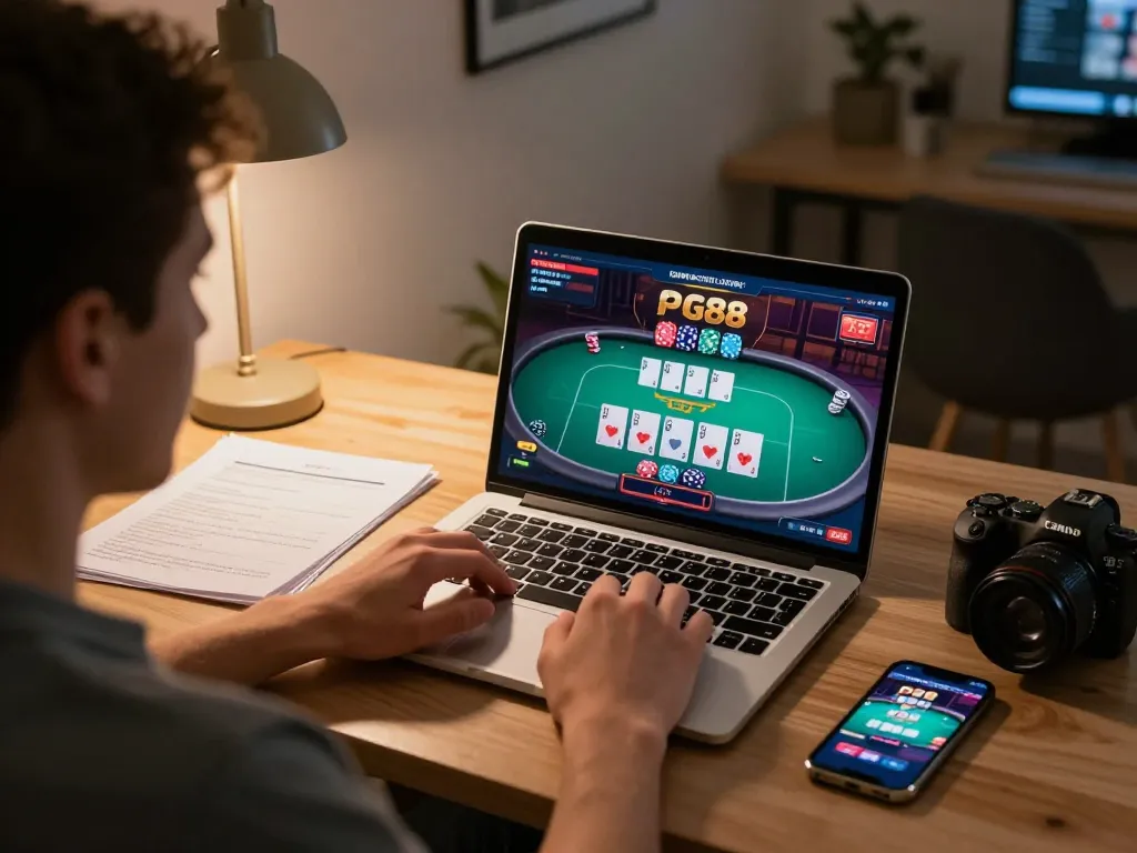 Engaged player experiencing thrilling PG88 online casino gameplay with poker cards on screen