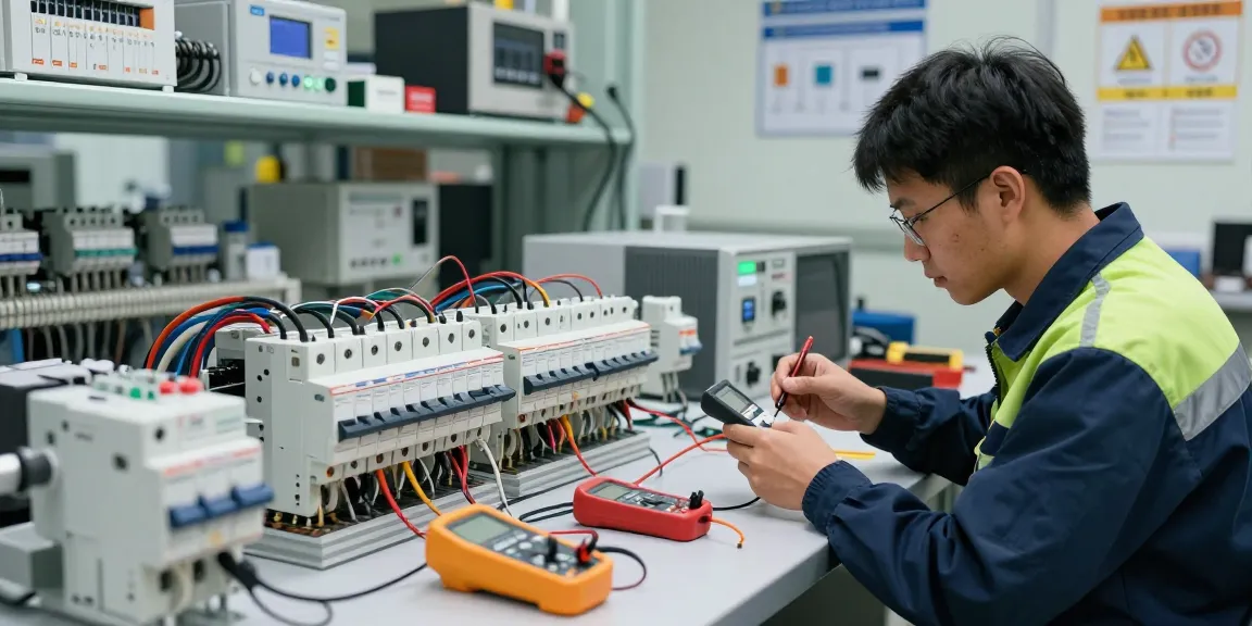 Technician examining DC MCB circuit breaker components in a professional electrical workspace.