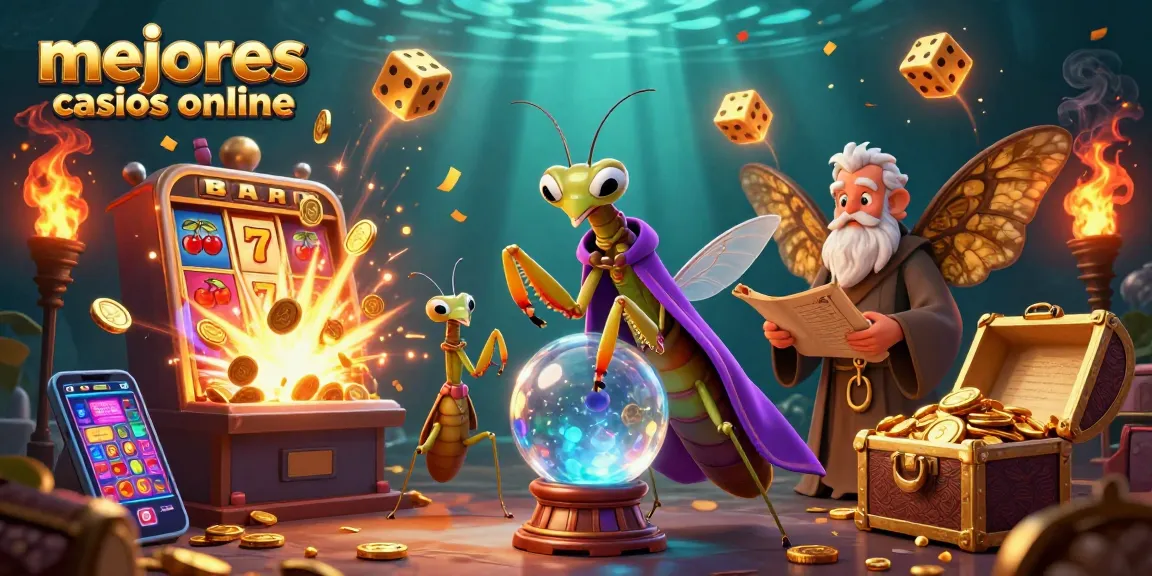 Explora los mejores casinos online con la mágica ilustración de tragamonedas y personajes místicos.