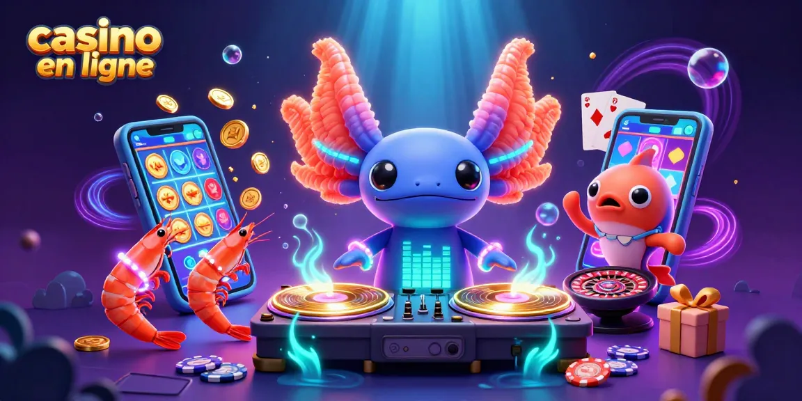 Plongez dans l'univers du casino en ligne avec une scène festive animée contenant un DJ axolotl et des éléments de jeu colorés.