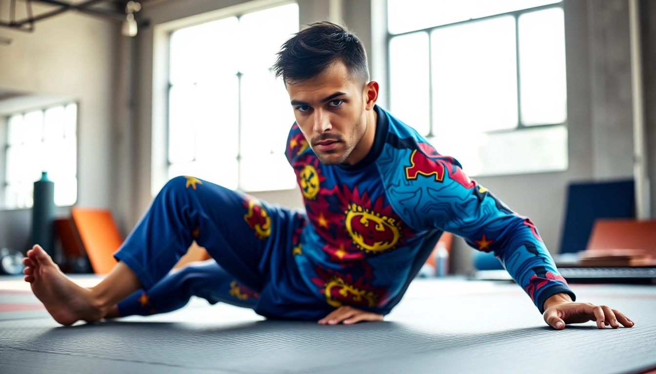 A Brazilian Jiu-Jitsu athlete in colorful rash guard set showcases techniques in training, exhibiting agility.