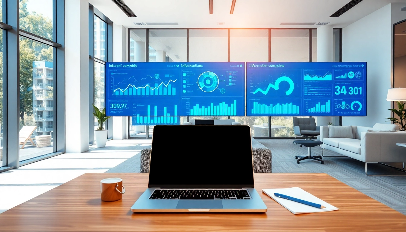 Illustration showcasing information data visualization with dynamic charts in a bright office.