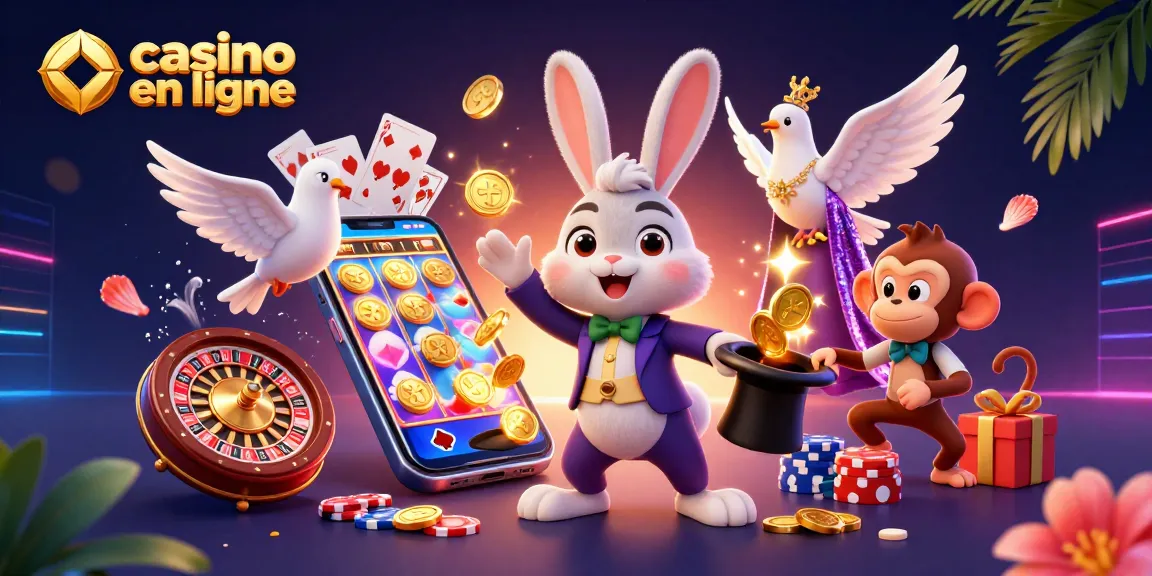 Illustration vibrante représentant le casino en ligne avec un magicien, des pièces d'or et des cartes de jeu.
