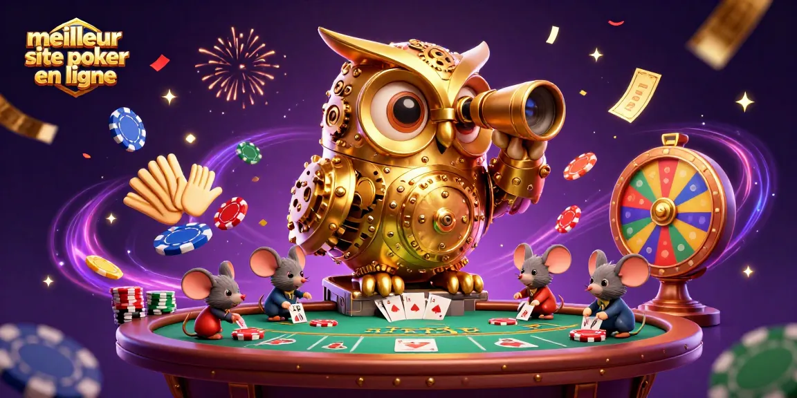 Jouez sur le meilleur site de poker en ligne avec une horloge de hibou doré et des joueurs en action, ambiance festive.