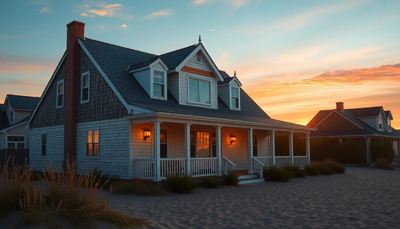 Cape Cod home with classic architecture glowing in sunset light against a coastal backdrop.