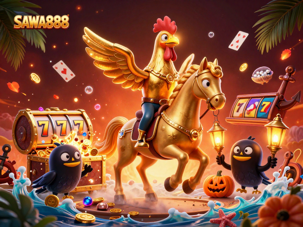 Experience thrilling gaming excitement with SAWA888's vibrant casino illustration featuring golden rooster and crow companions.