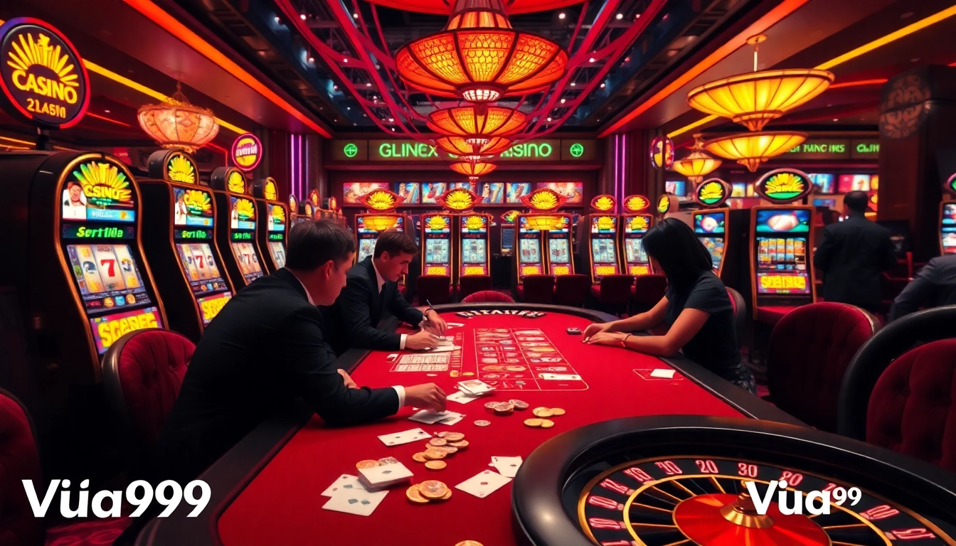 Vua99 casino scene featuring an intense poker game with vibrant slot machines in the background.