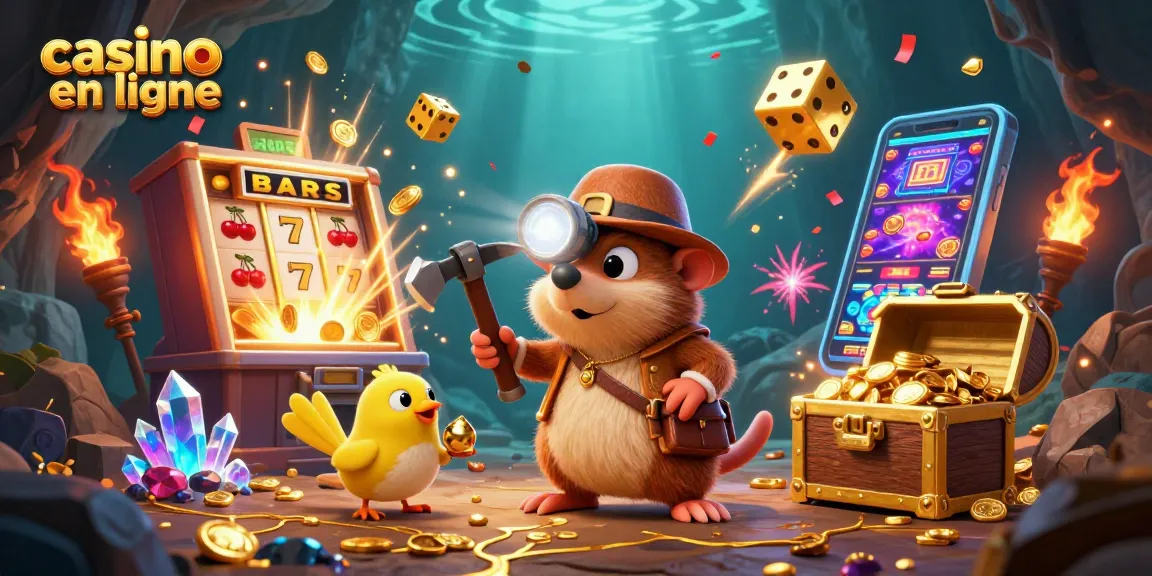 Cette illustration dynamique présente un acteur chanceux du casino en ligne, entouré de machines à sous et de pièces d'or.