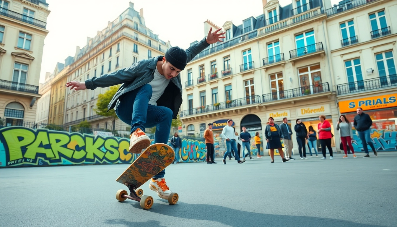 Engaging skate class paris scene showcasing skaters practicing tricks in vibrant urban environment.