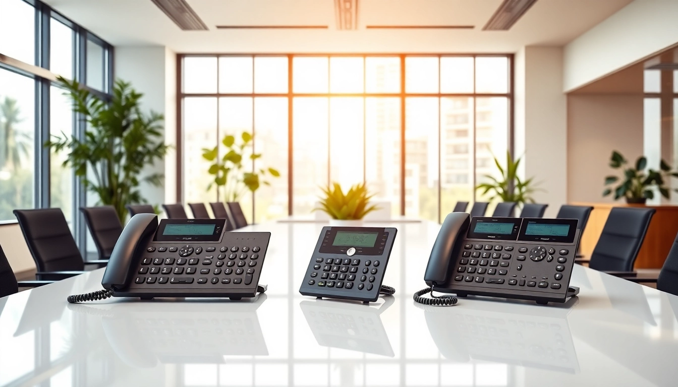 Showcase of office phone systems in a modern office setting with sleek designs and bright ambiance.