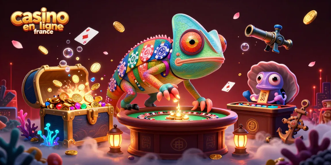 Visitez le casino en ligne france pour découvrir notre illustration colorée d'un propriétaire caméléon animé entouré de trésors sous-marins.