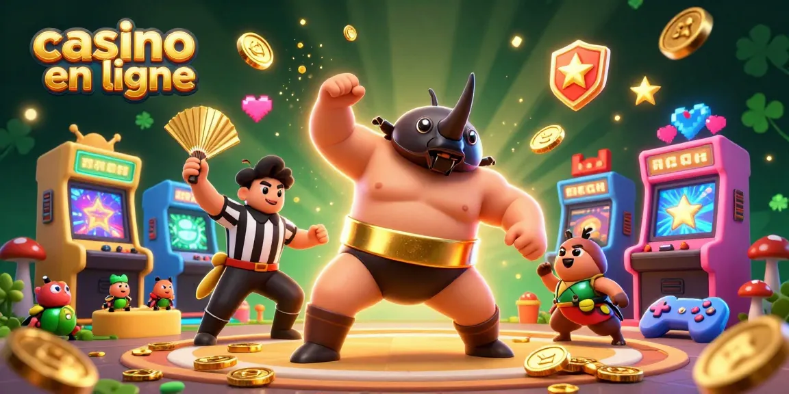Les champions de sumo en ligne s'affrontent, avec des pièces d'or volantes dans un casino en ligne.