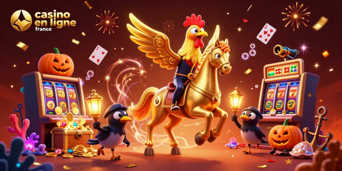 Illustration dynamique d'un casino en ligne France avec un coq doré et des éléments de jeu animés.