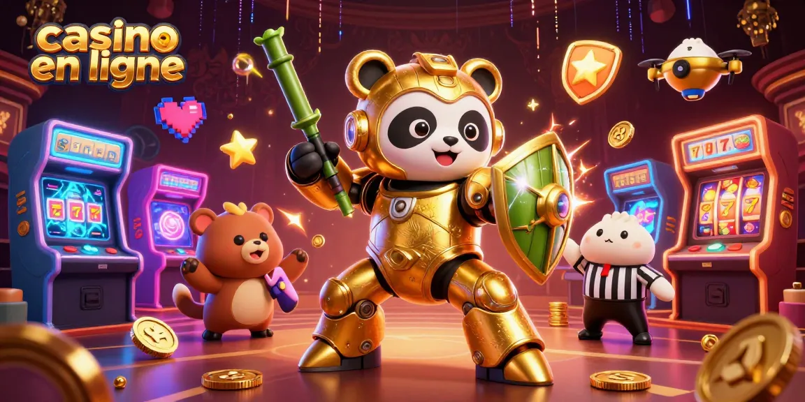 Action dans un casino en ligne avec un panda doré en mécha, machines à sous autour de lui.