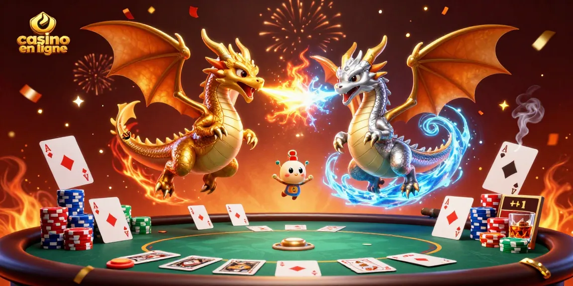 Jouez aux jeux de casino en ligne avec des dragons et des jetons colorés dans une scène festive.