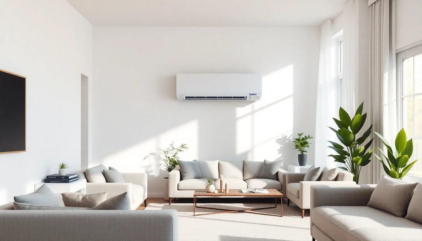 Showcase of a Daikin mini split AC in a modern living room, highlighting its sleek design and efficient cooling.
