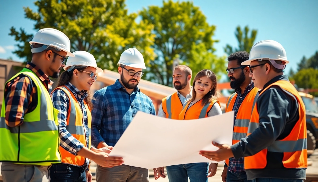 Construction network association professionals collaborating at a vibrant job site.