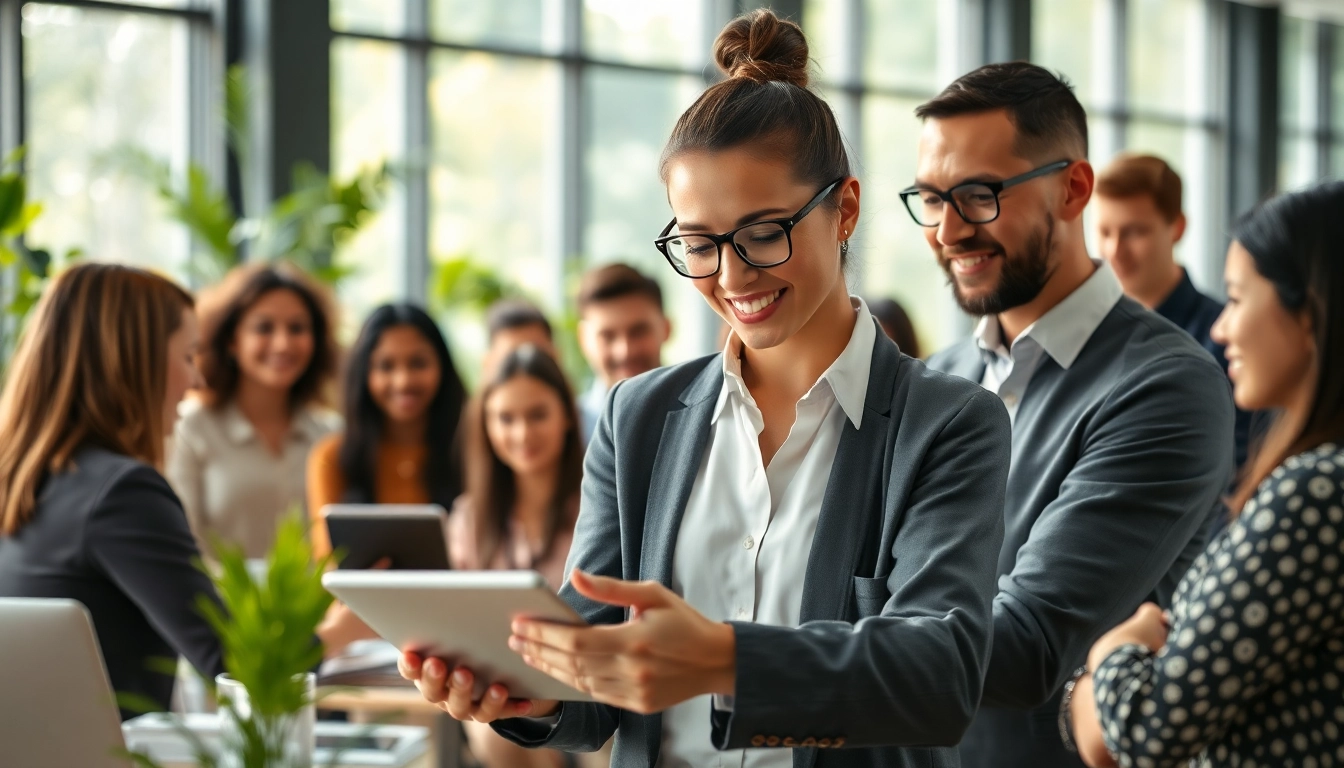 Enterprise assistant facilitating teamwork in a modern office setting with digital tools.