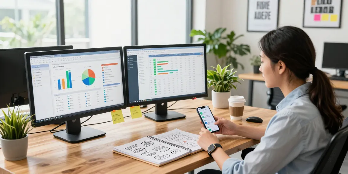Marketer at scenadomen.pl analyzing digital metrics in a bright office.