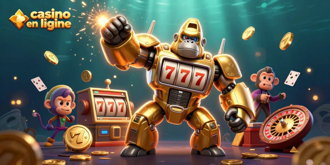Célébrez votre succès avec le casino en ligne, illustré par un gorille mech et des éléments de jeu fascinants.