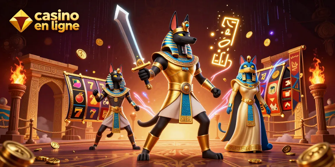 Gagnez en jouant dans un casino en ligne avec Anubis et Bastet entourés de machines à sous.