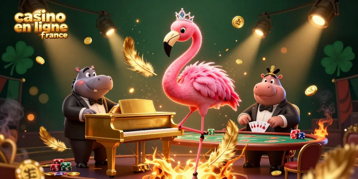 Illustration animée de l'univers des jeux, avec un flamant rose chanteur et un hippopotame, casino en ligne france.