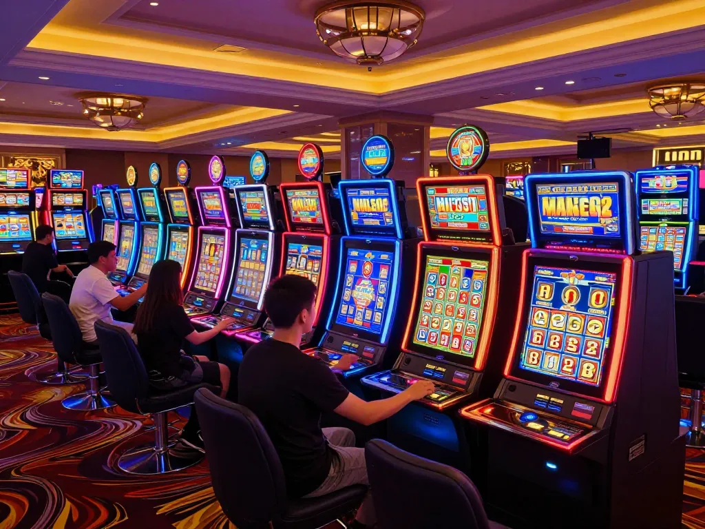 Players enjoying vibrant slot machines and celebrating wins in a bustling casino atmosphere