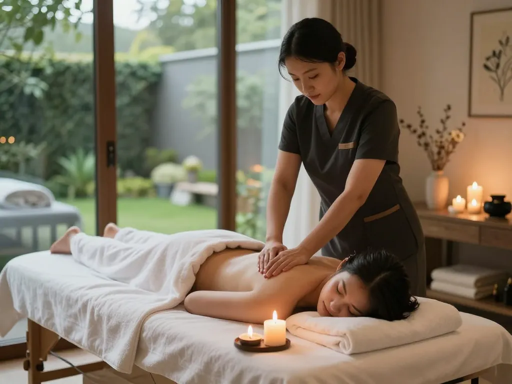 신사동마사지 session in a tranquil spa setting with a professional masseuse.