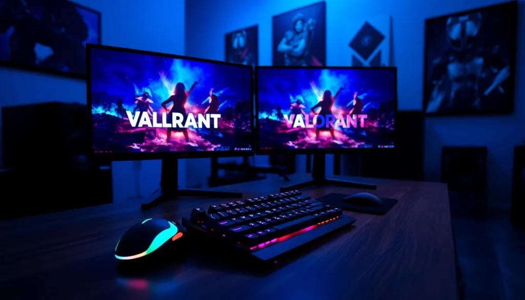 Engage with VALORANT download on a professional gaming setup showcasing monitors and gear.