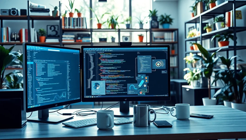 Showcasing technology workspace with monitors and gadgets enhancing productivity.