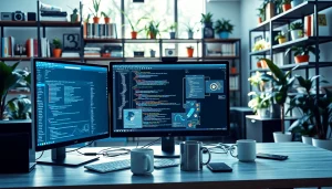 Showcasing technology workspace with monitors and gadgets enhancing productivity.