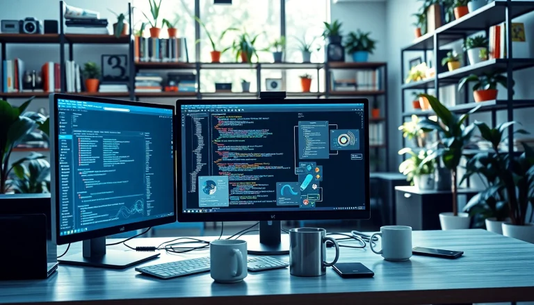 Showcasing technology workspace with monitors and gadgets enhancing productivity.