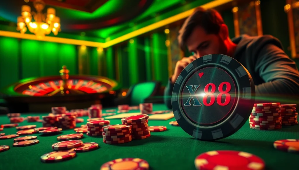 Experience the thrill of high-stakes gambling with XX88 poker chips at a vibrant casino table.