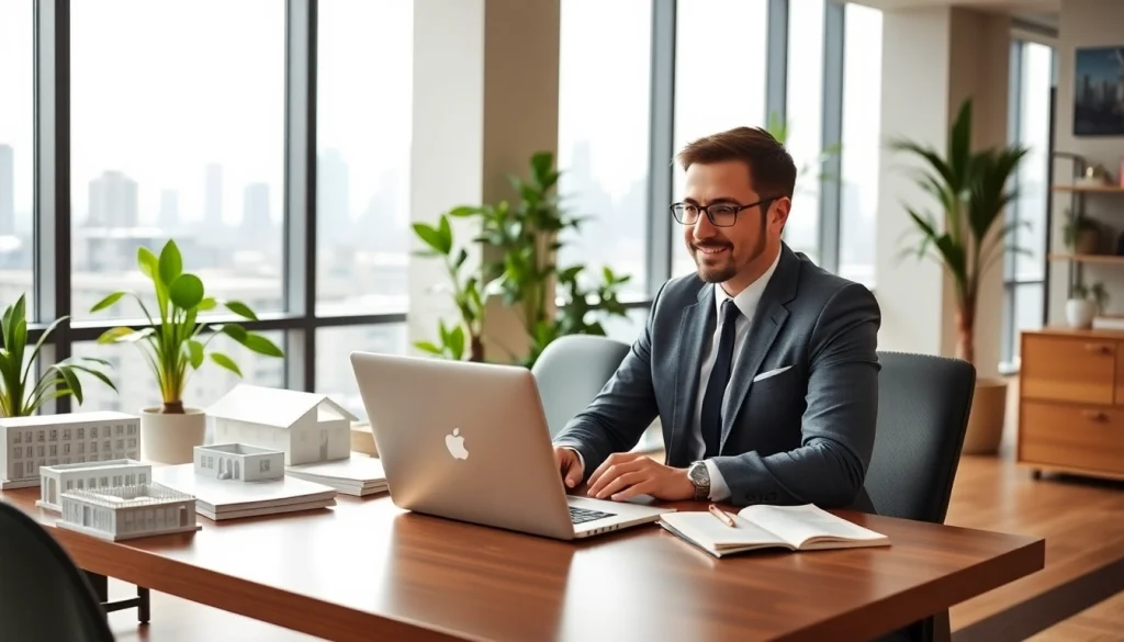 Real Estate agent advising clients in a modern office setting with architectural models.