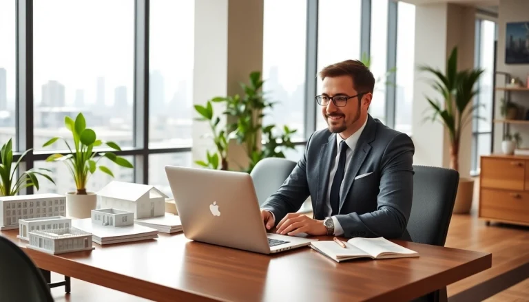 Real Estate agent advising clients in a modern office setting with architectural models.