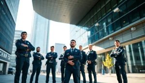 Security Company personnel safeguarding a modern urban office building, exuding professionalism and vigilance.