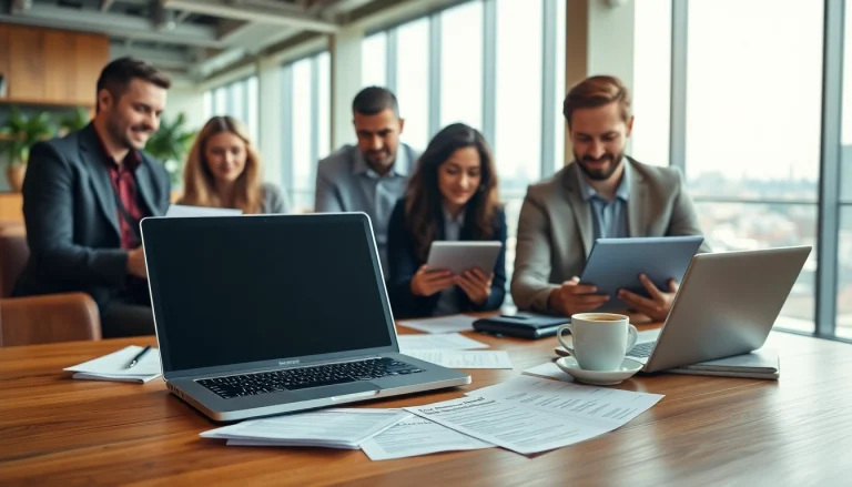 Individuals collaborating on new hire jobs in a modern office set up.