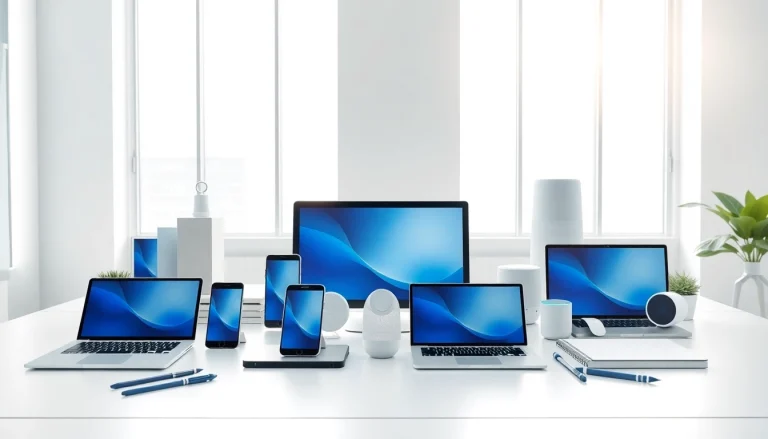 Showcasing multiple technology devices in a modern office, highlighting the theme of Technology.