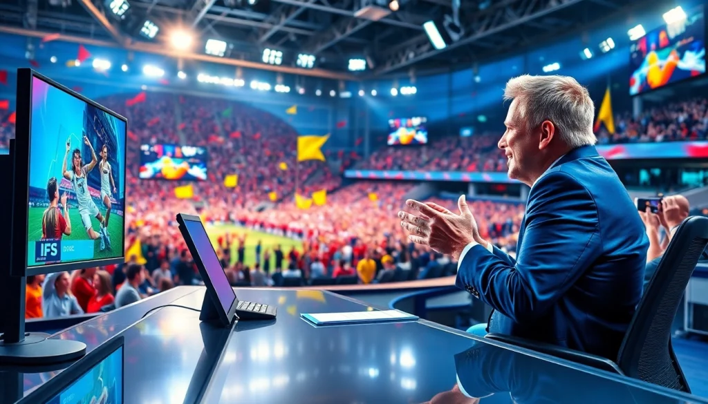 스포츠중계 중인 멋진 스포츠 방송 환경을 보여줍니다.