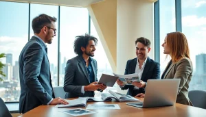 Real estate agents discussing strategies for international real estate companies in a modern office.