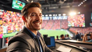 스포츠중계의 생동감 넘치는 장면에서 커멘테이터가 경기를 분석하는 모습