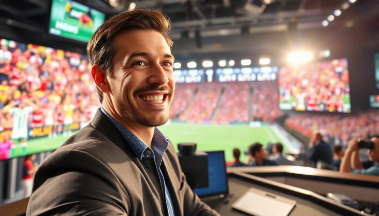 스포츠중계의 생동감 넘치는 장면에서 커멘테이터가 경기를 분석하는 모습