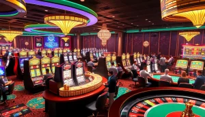 Experience the vibrant gambling world of KJC AC 1 with players enjoying casino tables and slot machines.