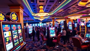 Menampilkan slot mesin dengan lampu cerah di kasino modern yang penuh semangat.