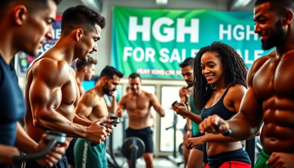 Engaging athletes showcasing fitness in a professional gym, highlighting HGH FOR SALE.