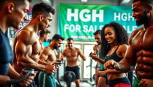 Engaging athletes showcasing fitness in a professional gym, highlighting HGH FOR SALE.