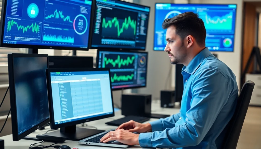 IT technician managing Patch Management Services while analyzing software updates and security, showcasing a modern office environment.