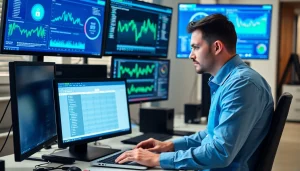 IT technician managing Patch Management Services while analyzing software updates and security, showcasing a modern office environment.