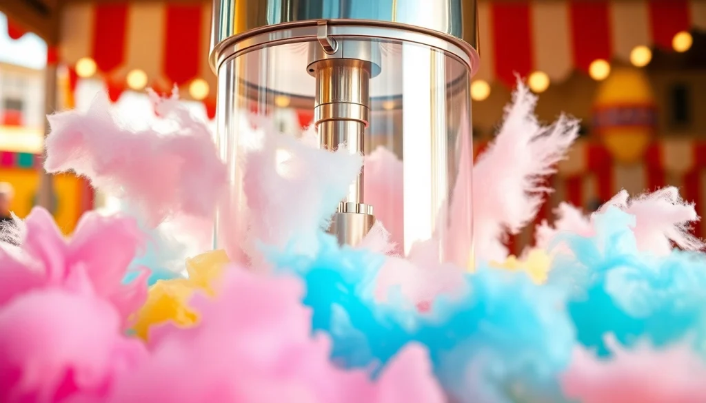 Geniet van heerlijke wafel katoen gemaakt met een kleurrijke suikermachine.