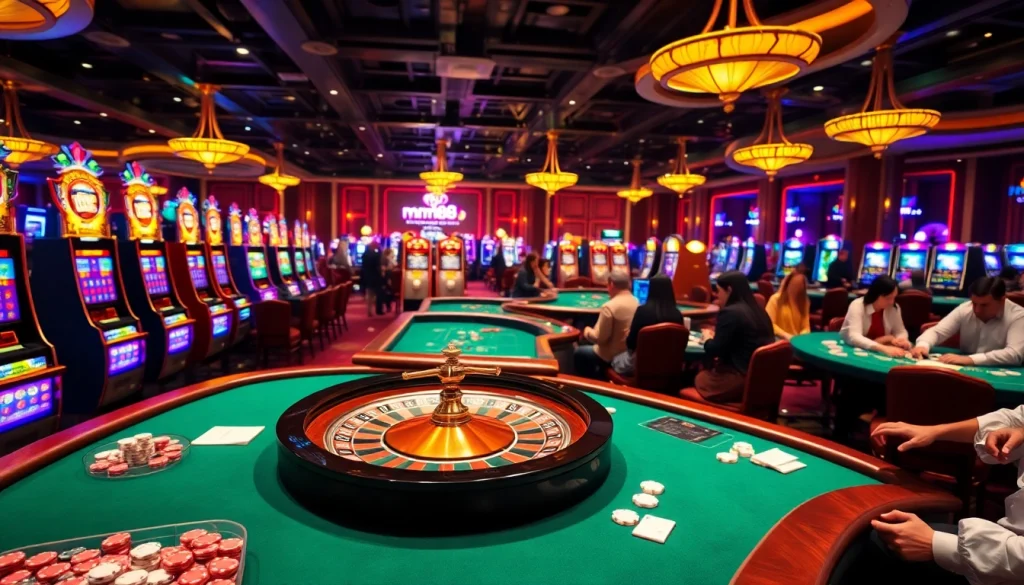 Exciting casino scene at mm88 sa com with roulette wheel and vibrant slot machines.